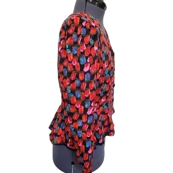 80s Vintage 100% Silk Studio Printed Petite Blazer Mulit-color Size 12 - Picture 3 of 6